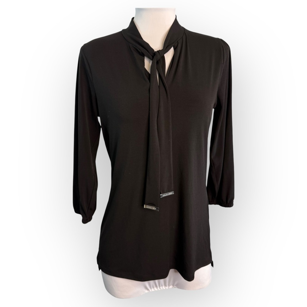 Michael Michael Kors Black Tie Neck 3/4 Sleeve Top Blouse - Women's Size S